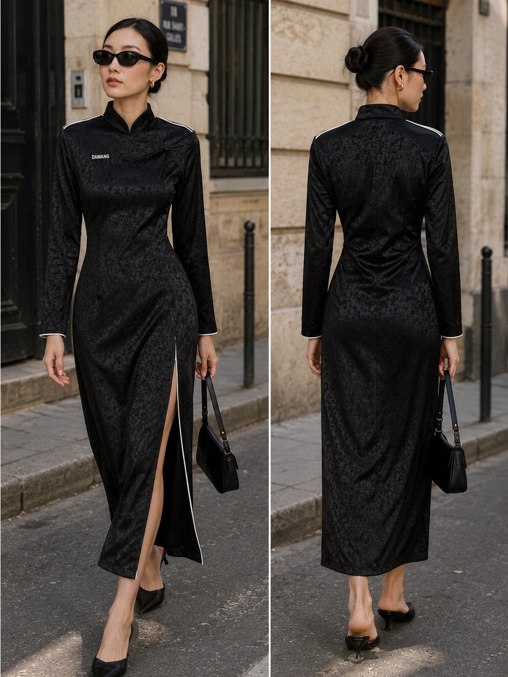 Black Long-Sleeve Midi Dress with Side Slit